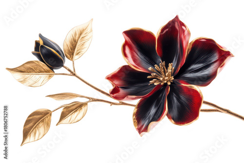 A beautifully crafted decorative flower in rich black and red tones. accompanied by a delicate bud. set against a clean white background. ideal for elegant design projects or home decor