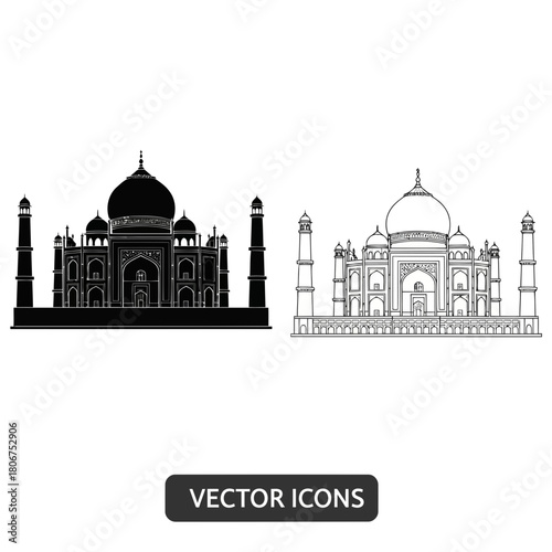 Detailed vector illustration showcasing the iconic taj mahal, presented in both a solid black silhouette and a delicate line art version