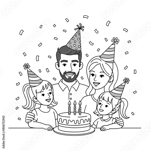 Family celebrating birthday with cake and confetti, wearing party hats, isolated on happy family concept for cards and invitations