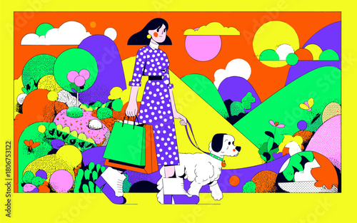 Psychedelic Girl Walking Dogs Landscape