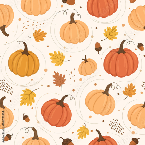 Festive autumn pumpkin pattern isolated on, showcasing seasonal gourds, leaves, and acorns in a charming design