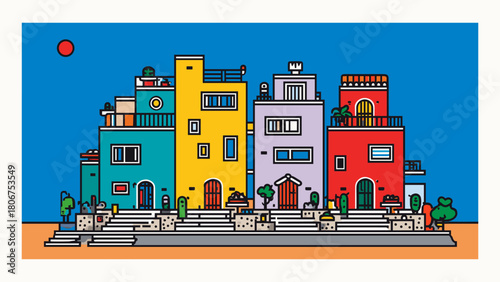 Complex of stacked cubic residential buildings. Multi-level colorful apartment architecture in flat vector style