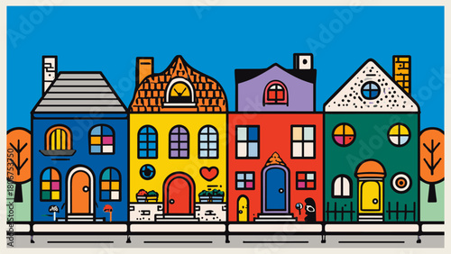 Whimsical cartoon street with unique round windows. Artistic and colorful row houses with fantasy architecture elements