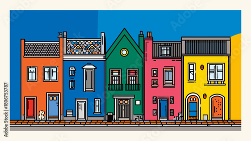 Row of European style townhouses with attic windows