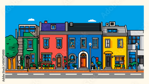 Detailed urban townhouses street view vector. Colorful row of multi-story city buildings with roof terraces