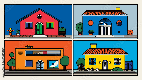 Set of four colorful architectural house portraits. Geometric residential building illustrations in frames