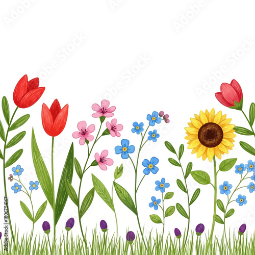 A colorful border of spring flowers, including tulips, sunflowers, and forgetmenots, creates a cheerful and vibrant design isolated on