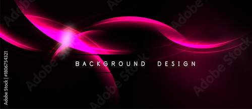 Abstract pink waves over black background. Bright light flare adds dynamic visual effect. Text reads background design.