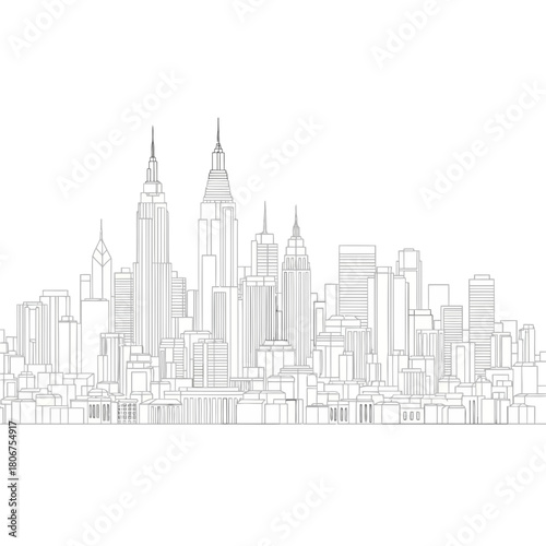 Architectural blueprint of a modern city skyline with tall buildings, a detailed illustration isolated on, urban landscape design