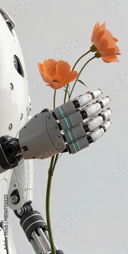 High-Tech Robotic Gripper with Pale Blue Traction Ribs Holding a Fresh Flower on Green Stem