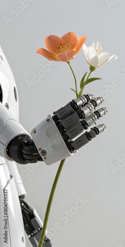 Futuristic Robot Hand with Pneumatic Tubes and Signal Wires Gently Cradling a Soft Petal Bloom