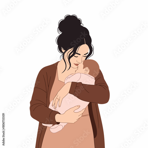 Mother holding baby isolated on, a tender and loving moment captured in a beautiful and heartwarming illustration