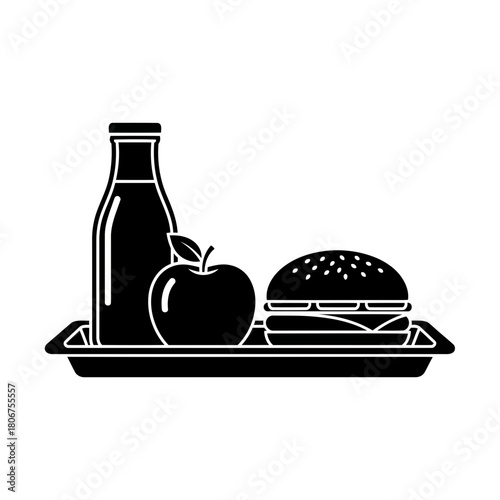 School lunch tray with milk, apple, and burger isolated on a simple black and white illustration of a balanced meal for students