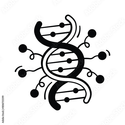 DNA double helix with AI and bioinformatics, trendy doodle icon