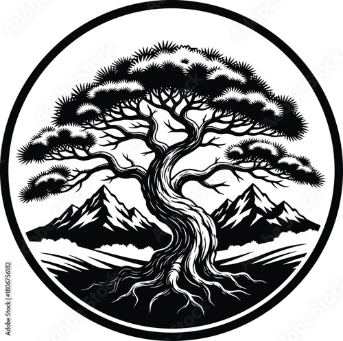 Find vector graphic of bonsai tree with mountain landscape illustration eps silhouette