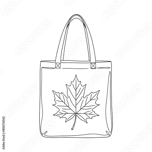 Stylish tote bag with maple leaf design in a single line drawing isolated on ecofriendly shopping bag vector illustration