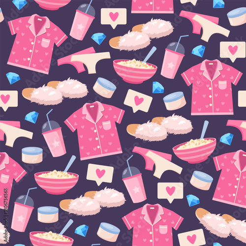 Vector seamless pattern for girls with pink pajamas, pink underwear, bowl of cereal, pink smoothie, diamond, cream, fluffy slippers, and heart speech bubble on a dark purple background 