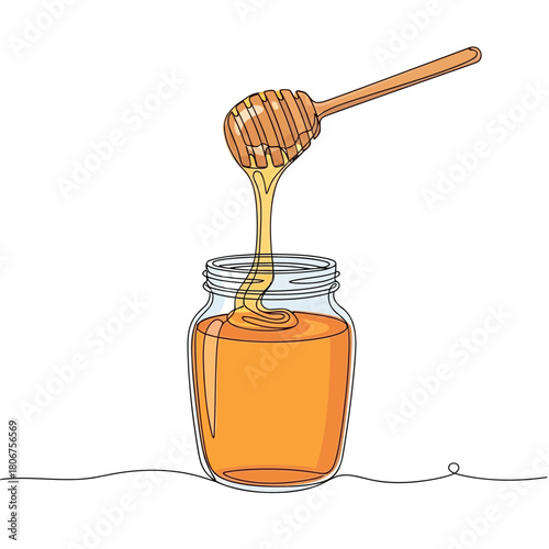 Honey pouring from a wooden dipper into a glass jar isolated on sweet and natural treat in continuous line drawing style