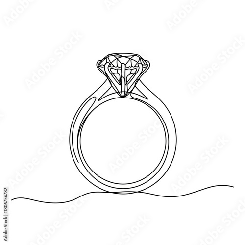 Elegant engagement ring with a brilliant diamond isolated on, drawn in a minimalist style with a single continuous line
