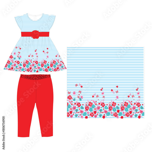 girls frocks with leggings flower stripe print vector 
