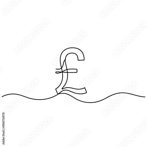 Continuous line drawing of pound sterling symbol isolated on one line drawing of money, currency, finance, economy, investment, and business concept