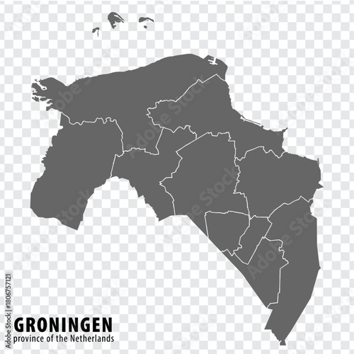 Blank map Province Groningen  of Netherlands. High quality map Groningen  with municipalities on transparent background for your web site design, logo, app, UI.  EPS10.