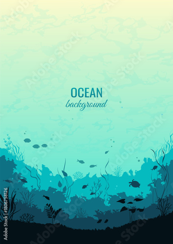 Underwater scene. Coral reef with marine plants, algae, and fish. Vector illustration.