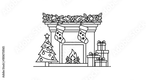 Illustration of a fireplace with stockings, a christmas tree, and gifts, isolated on perfect for holidaythemed designs and projects