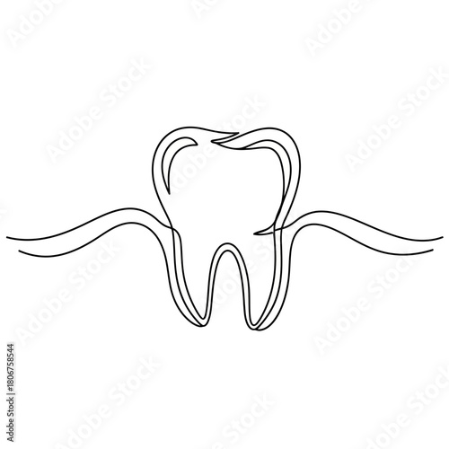 A single continuous line drawing of a tooth with root isolated on for dental health and oral hygiene concept design