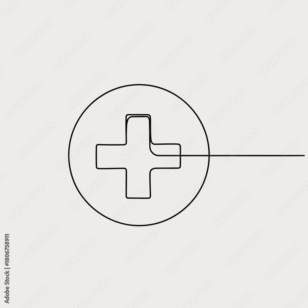 Obraz premium Plus sign in continuous line drawing style isolated on, symbolizing addition, health, and positivity with a clean, modern design