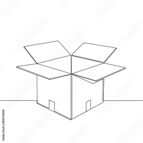 Open cardboard box in continuous line drawing style isolated on, symbolizing packaging, delivery, or storage with a minimalist design