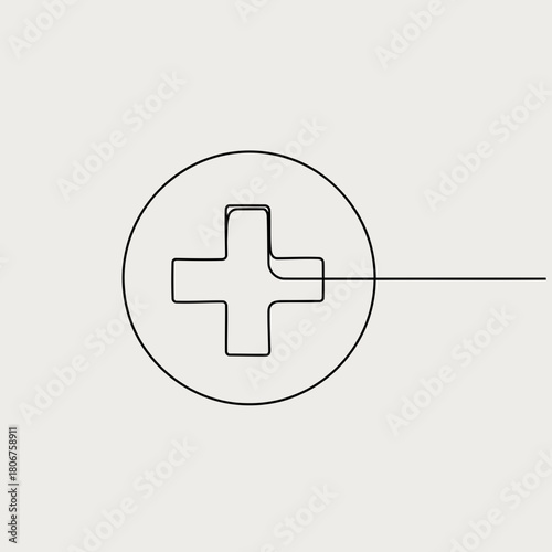 Plus sign in continuous line drawing style isolated on, symbolizing addition, health, and positivity with a clean, modern design