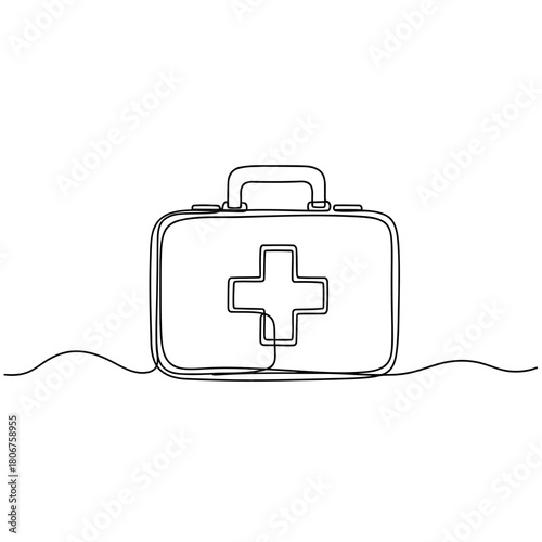 First aid kit with cross symbol isolated on continuous one line drawing of medical suitcase vector illustration in doodle style