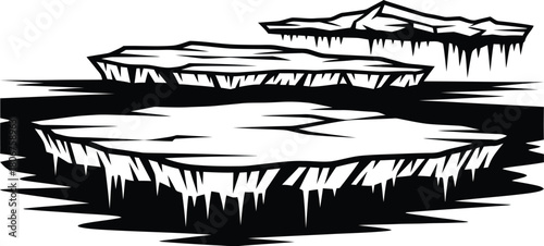 Icebergs floating in water black and white vector illustration design eps silhouette