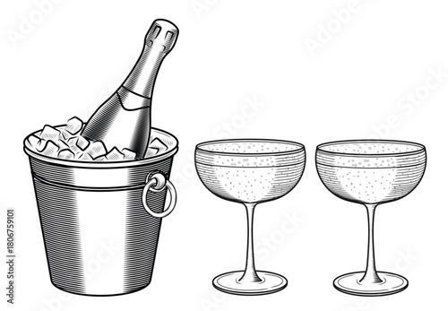 A bottle of champagne in an ice bucket and wide retro glasses. A set of hand-drawn vector illustrations in sketch style. Line art of a festive, sparkling wine drink for a bar or menu. Clipart for part