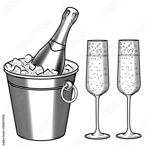 A bottle of champagne in an ice bucket and flute glasses a hand-drawn sketch-style vector illustration. Line art of a festive, sparkling wine drink for a bar or menu. Clipart for parties and New Year'