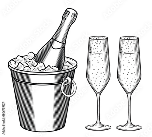 A bottle of champagne in an ice bucket and flute glasses a hand-drawn sketch-style vector illustration. Line art of a festive, sparkling wine drink for a bar or menu. Clipart for parties and New Year
