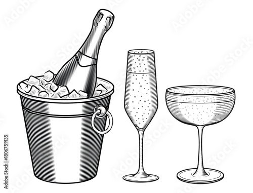 A bottle of champagne in an ice bucket, flute glasses, and a wide retro frame. A set of hand-drawn vector illustrations in a sketch style. Line art of a festive, sparkling wine drink for a bar or menu