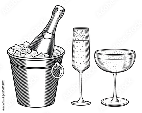 A bottle of champagne in an ice bucket, flute glasses, and a wide retro frame. A set of hand-drawn vector illustrations in a sketch style. Line art of a festive, sparkling wine drink for a bar or menu