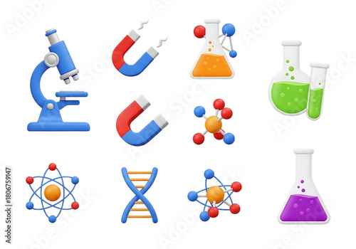 3d icon of science laboratory equipment icons isolated on transparent background for education