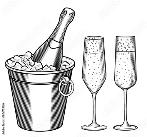 A bottle of champagne in an ice bucket and flute glasses a hand-drawn sketch-style vector illustration. Line art of a festive, sparkling wine drink for a bar or menu. Clipart for parties and New Year