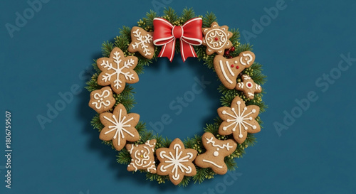 A festive gingerbread wreath with a red bow, adorned with gingerbread cookies in various shapes, including snowflakes, stars, and gingerbread men on a blue background