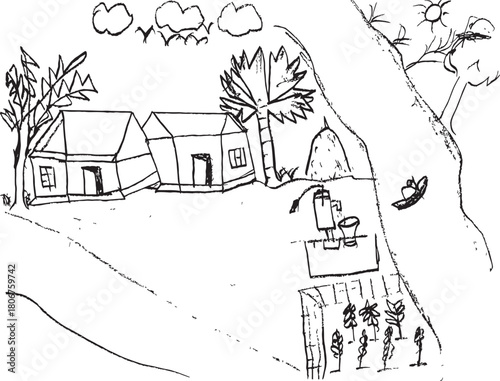 A banana tree stands behind a well-planned house in the village, a river flows beside it, and in front is a banana plantation and a garden.