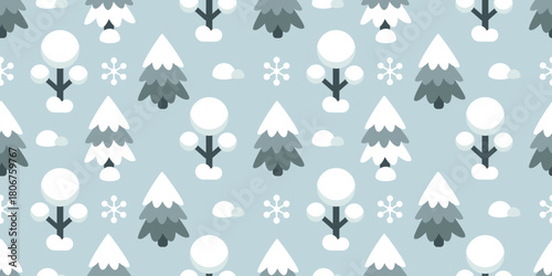 Seamless winter vector pattern with snowy fir trees, forest trees and falling snowflakes on light background. Ideal for textile prints, wrapping paper and seasonal designs.