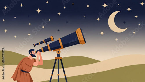 Man observes the night sky through a telescope on a hill, searching for celestial wonders under the starry expanse and crescent moon, evoking a sense of wonder and discovery.