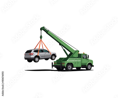 Green Tow Truck Lifting a Silver SUV with Orange Straps Illustration
