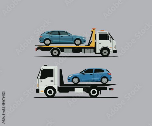 Two tow trucks carrying blue hatchback cars graphic vector illustration