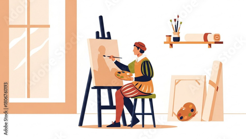 Renaissance artist painting a portrait in his studio, surrounded by canvases and brushes, capturing the creative atmosphere of the era.