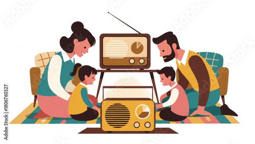 Family watching vintage television and listening to radio together in living room, enjoying quality time and nostalgic entertainment at home.