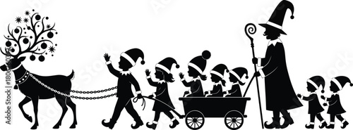 Sinterklaas and zwarte piet parade with reindeer christmas silhouette eps